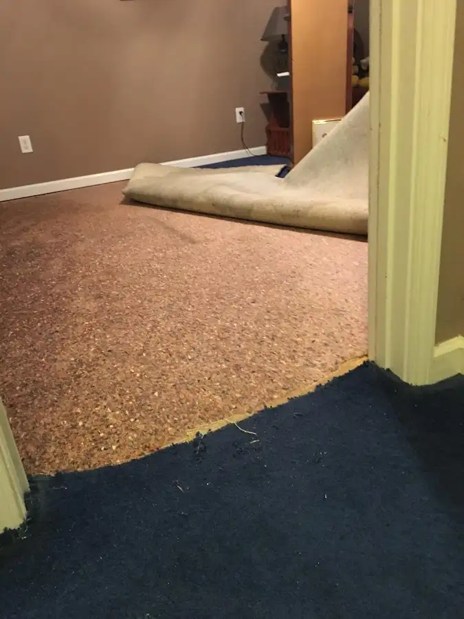 Carpet pad removal revealing water damage during Water Mitigation Services in Wheelersburg